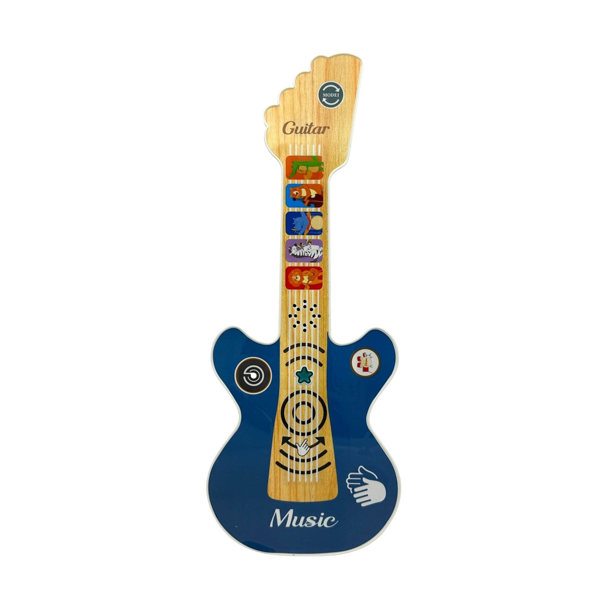 Blue and wood toy guitar.