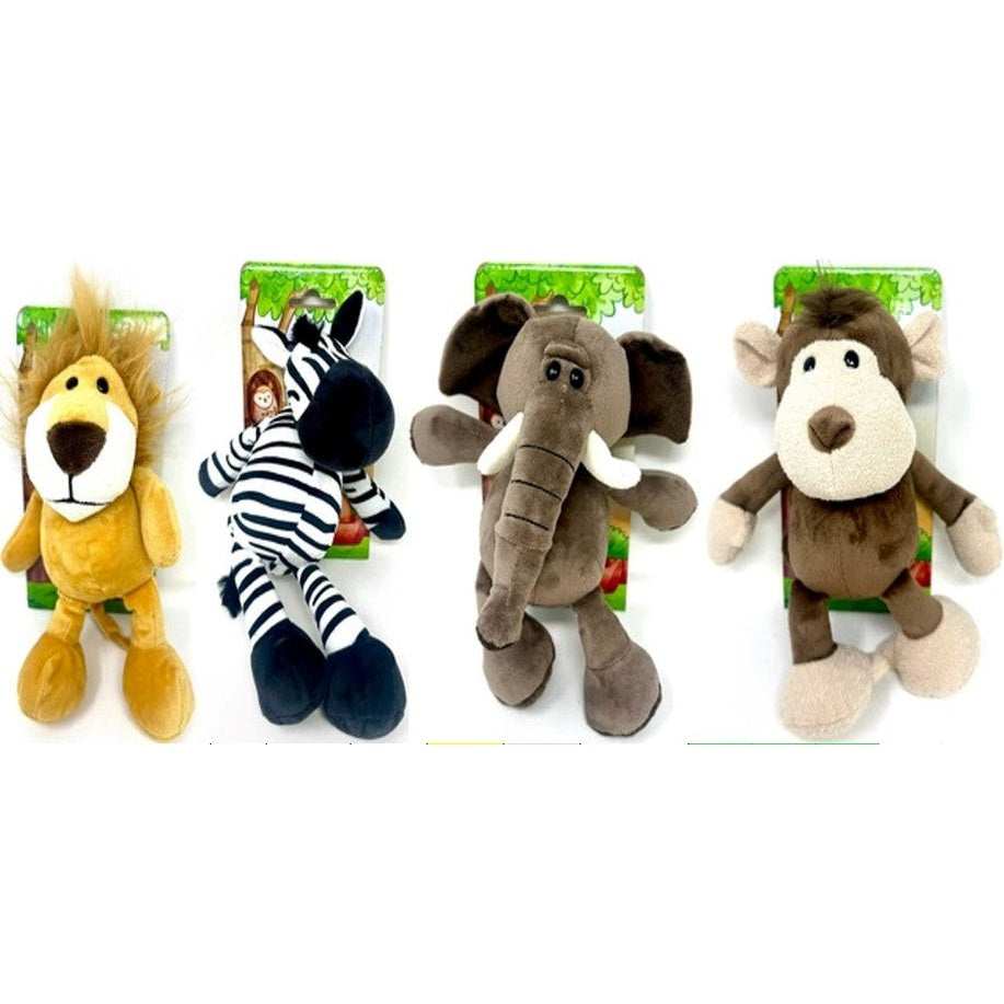 Stuffed plush lion, zebra, elephant, and monkey toys.