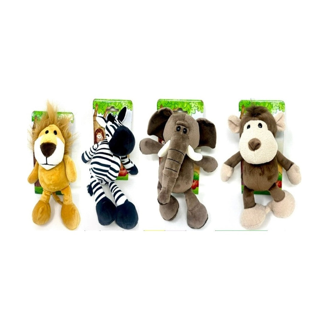 Stuffed plush lion, zebra, elephant, and monkey toys.