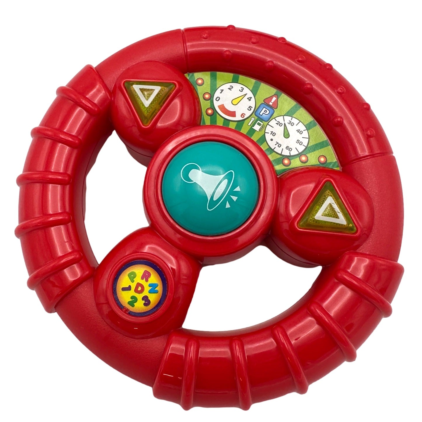 Red plastic toy steering wheel with buttons.