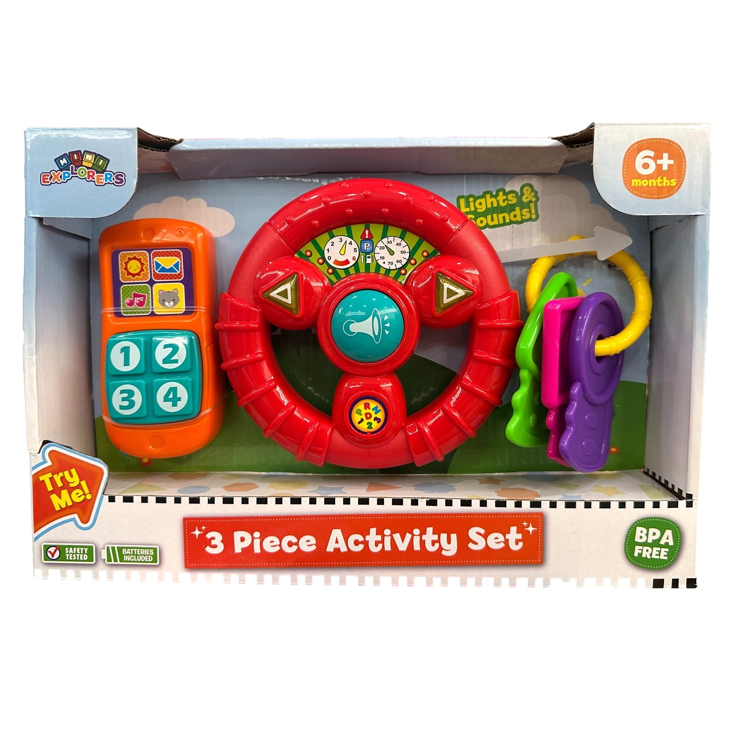 Boxed baby toy set with a red steering wheel, orange phone, and colorful keys.