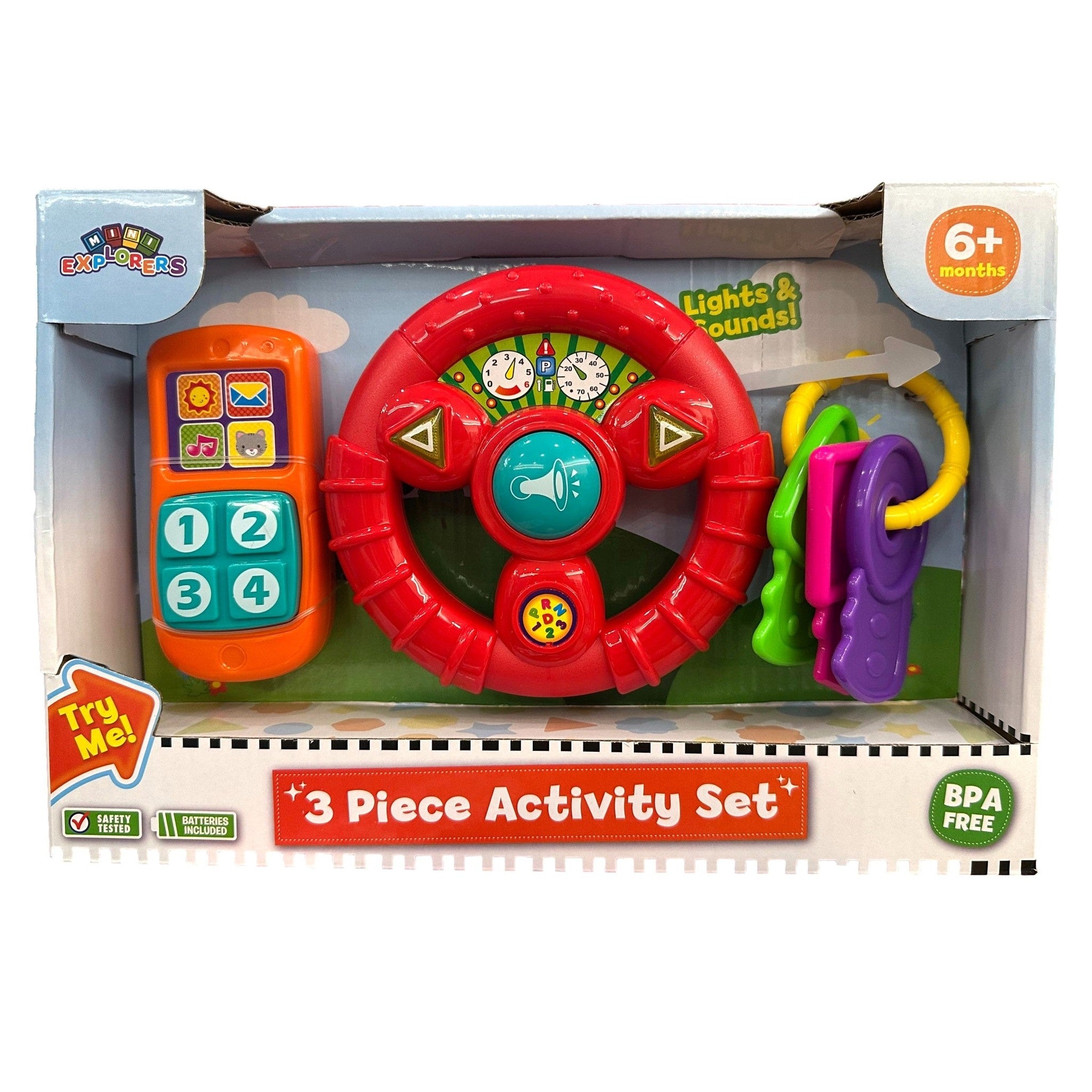 Boxed baby toy set with a red steering wheel, orange phone, and colorful keys.