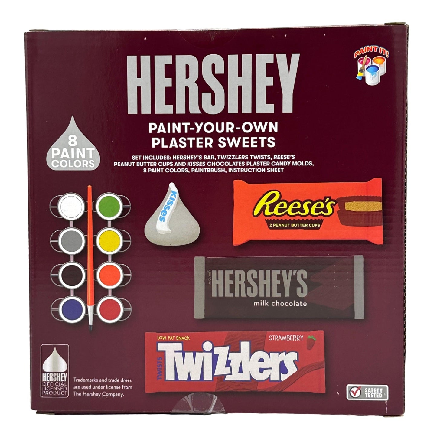 Box of Hershey's "Paint-Your-Own Plaster Sweets" craft kit, with plaster candy molds, paint colors, and paintbrush.