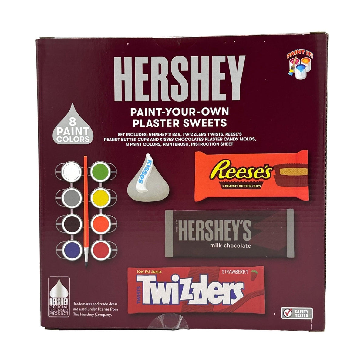 Box of Hershey's "Paint-Your-Own Plaster Sweets" craft kit, with plaster candy molds, paint colors, and paintbrush.