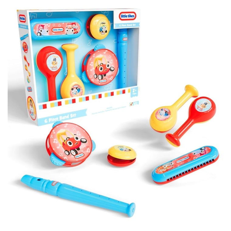 A "Little Tikes 6 Piece Band Set" is presented, featuring a box containing musical instruments, alongside loose instruments from the set: maracas, a tambourine, cymbals, a harmonica, and a recorder.
