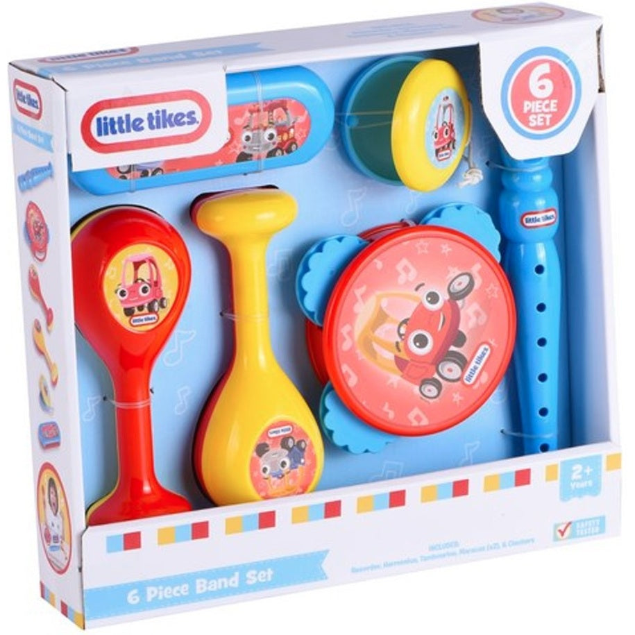 A six-piece Little Tikes band set in its packaging. The colorful set includes maracas, a tambourine, a recorder, and other toy musical instruments.