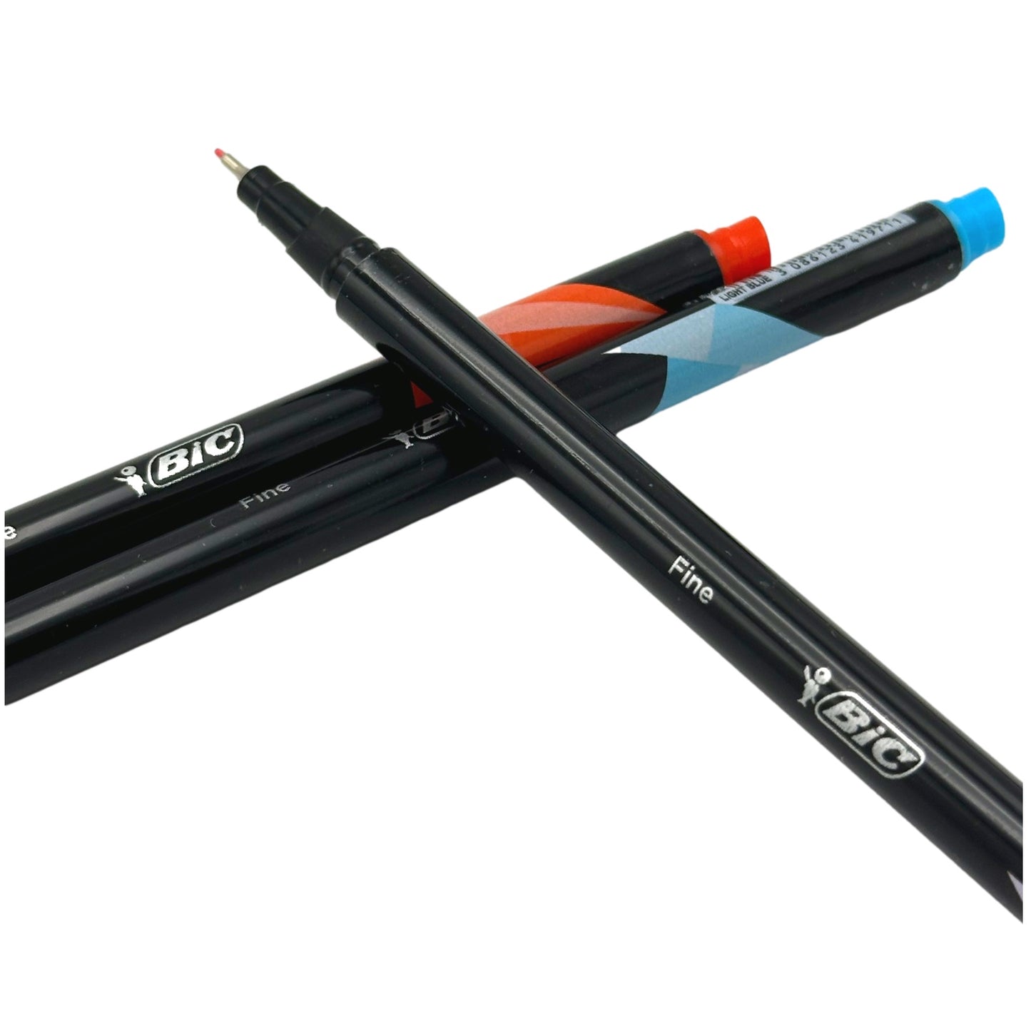 Three fine-tip Bic pens in black, red, and blue.