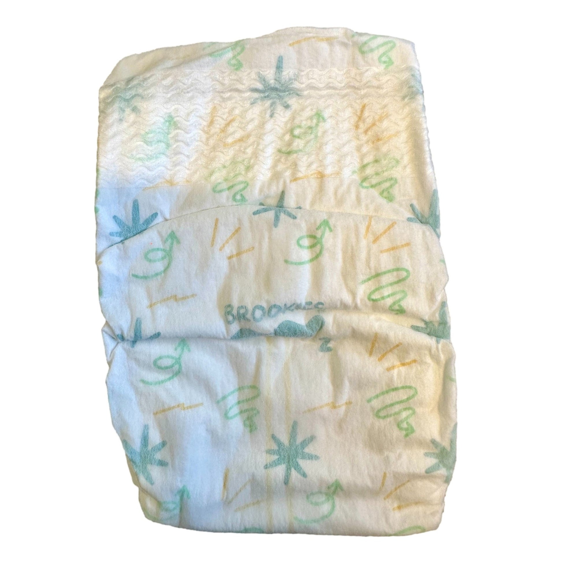 White Brookie's baby diaper with light blue and yellow details.