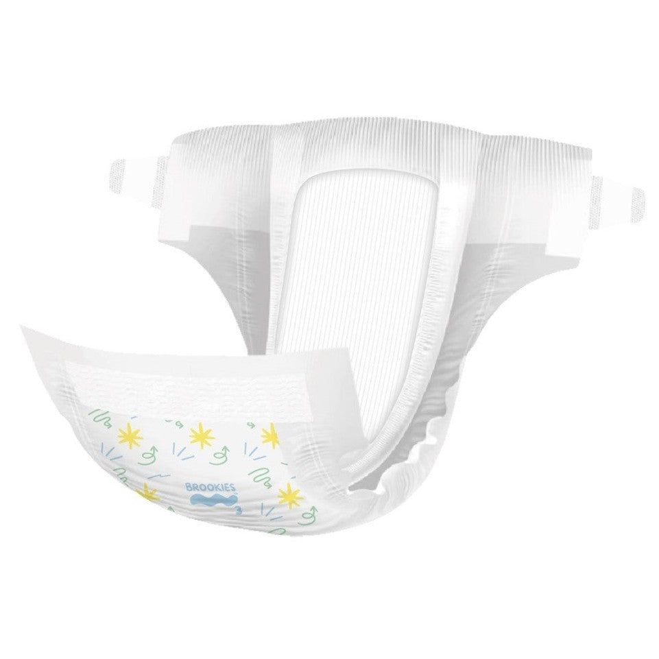 An unfolded white baby diaper with yellow and blue drawings.