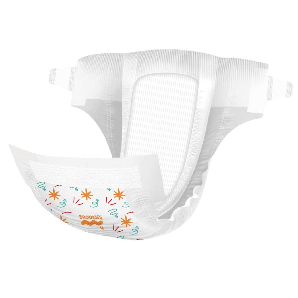 White disposable diaper with colorful design.