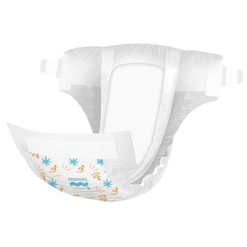 Open white diaper with blue print.