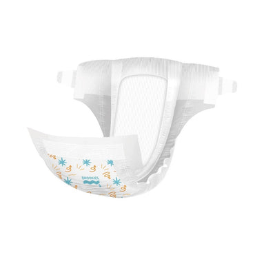 Open white diaper with blue print.