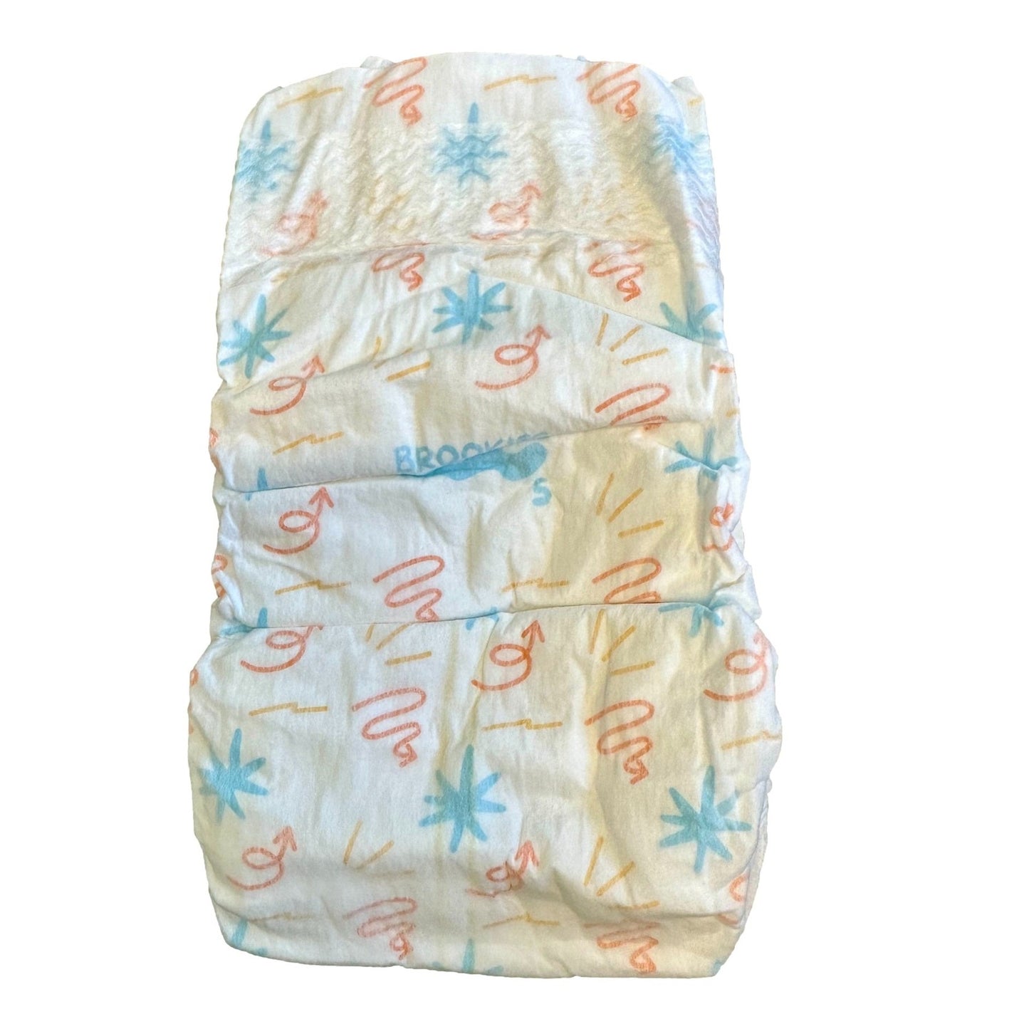 White baby diaper with blue and orange patterns.