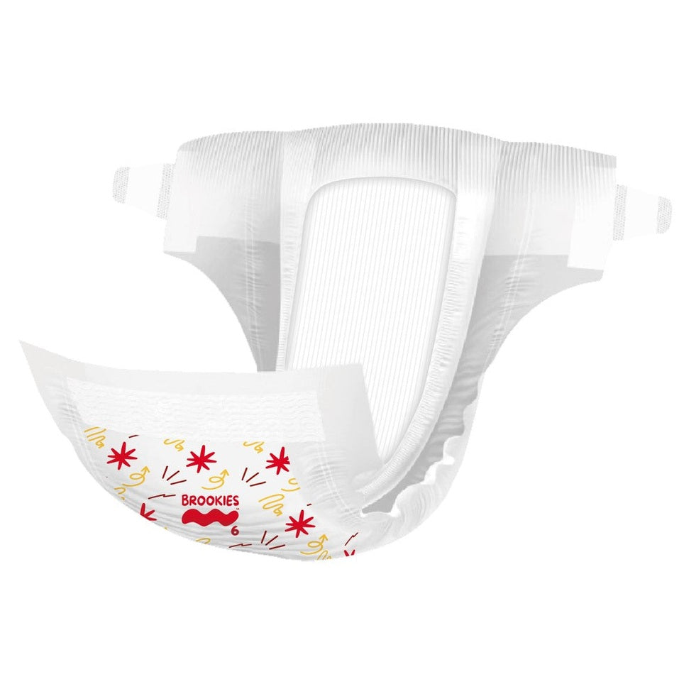 White baby diaper with red and yellow patterns.