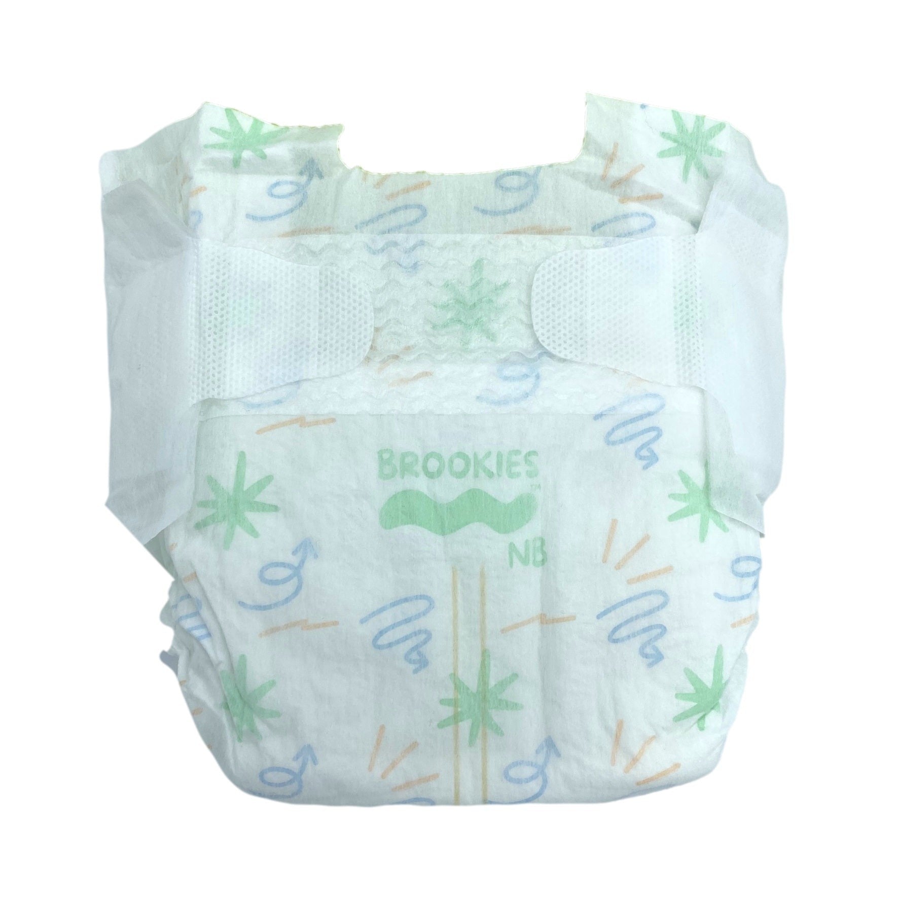 White baby diaper with green and blue patterns.