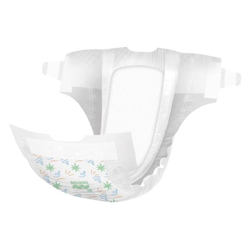White diaper with floral pattern and "BROOKIES" logo.