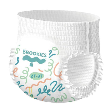 A white Brookies pull-up diaper with colorful graphics.