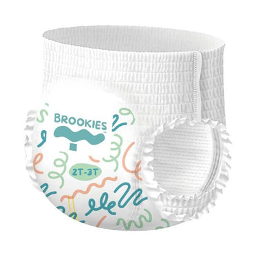 A white Brookies pull-up diaper with colorful graphics.