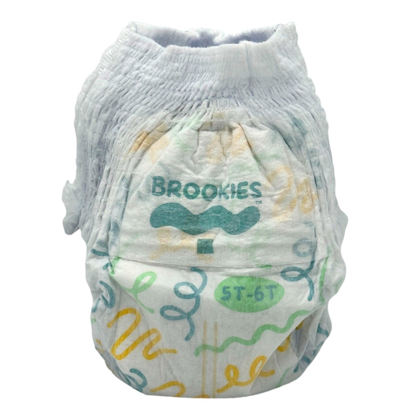 Pull-up diaper with white elastic waist.