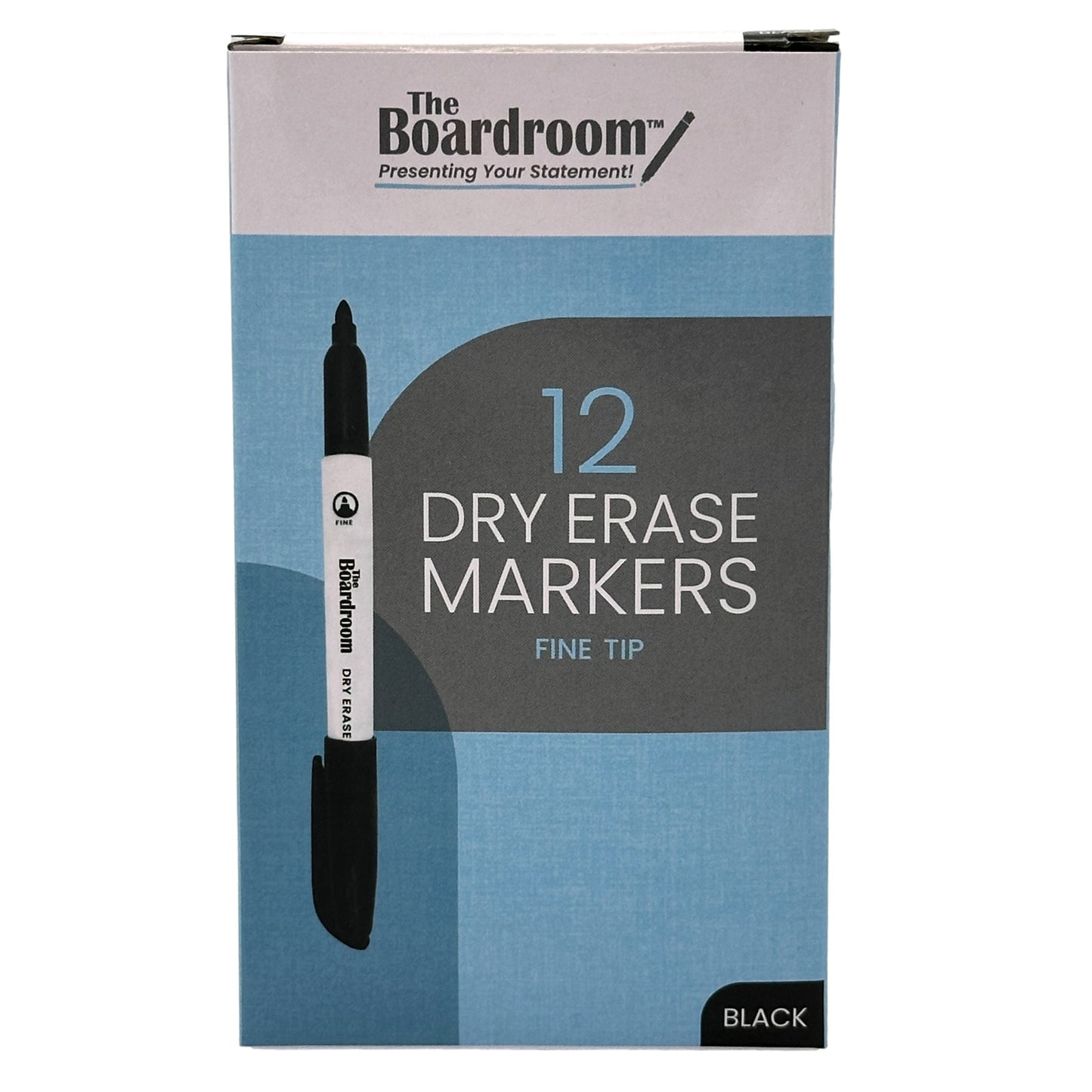 Box of "The Boardroom" brand black dry erase markers with a fine tip.