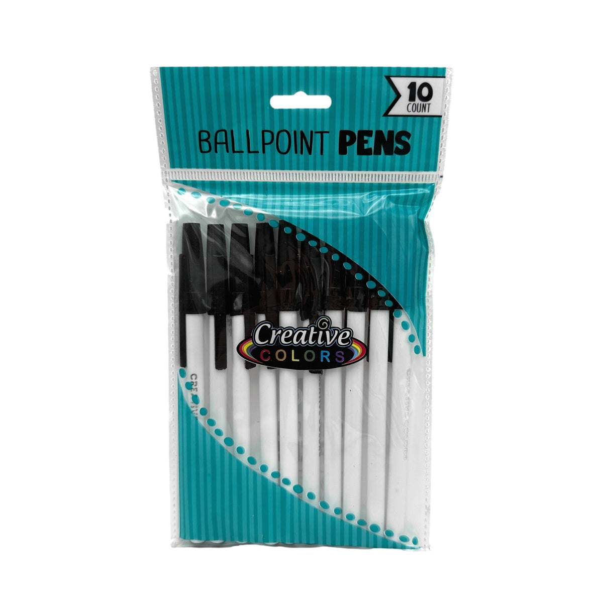 Pack of ten black ballpoint pens.