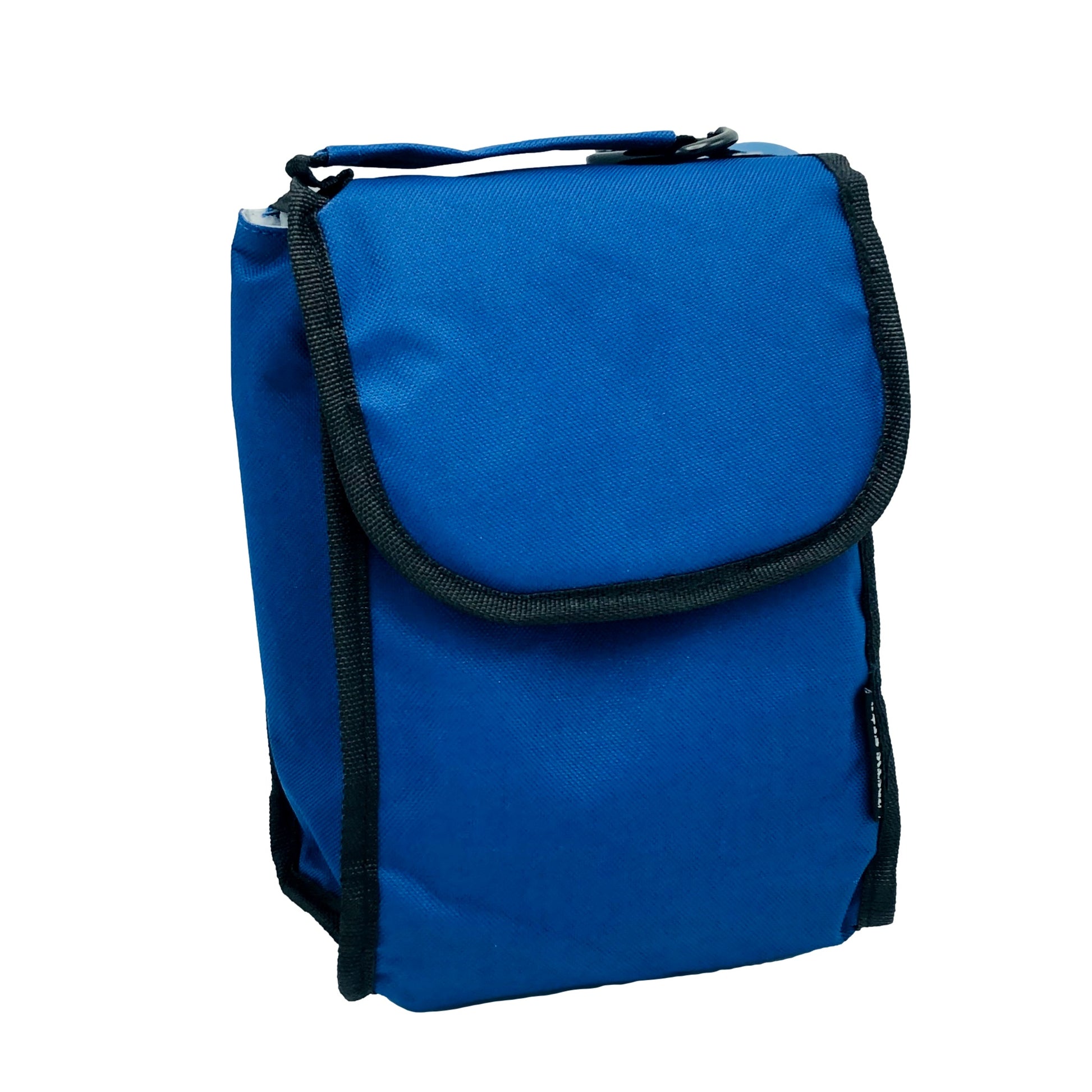 Blue fabric lunchbox with black trim.