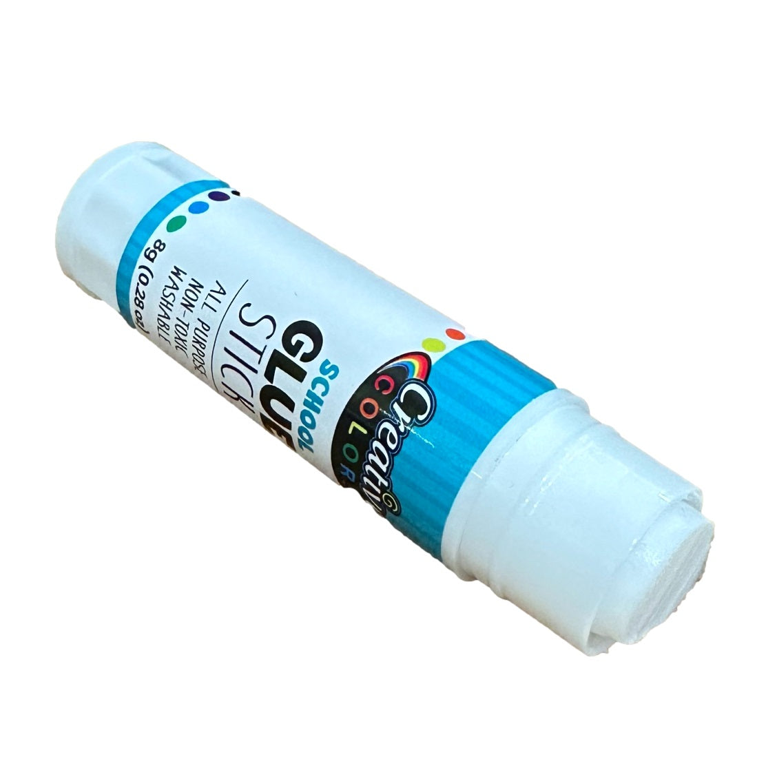 A white school glue stick with colorful accents.