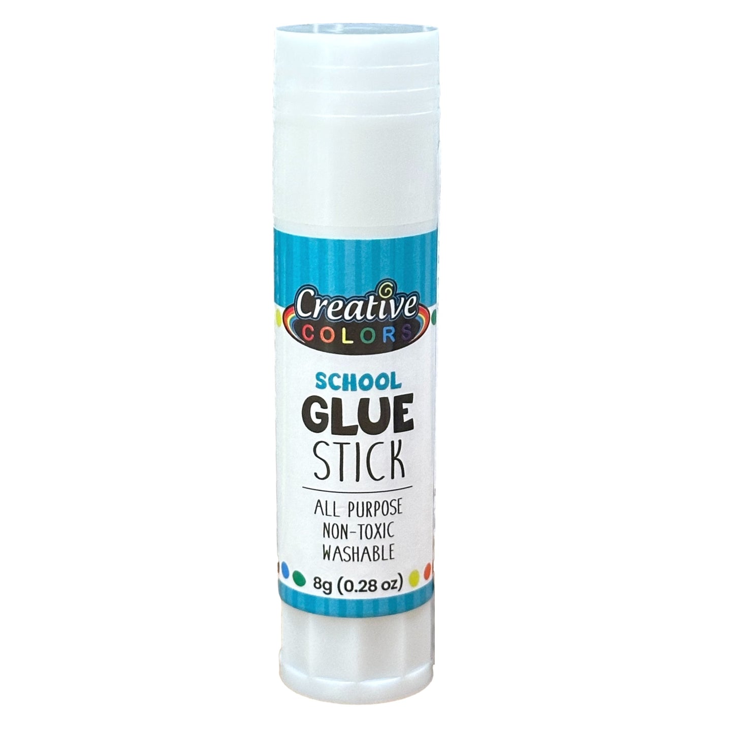 White glue stick with teal and rainbow-colored accents.