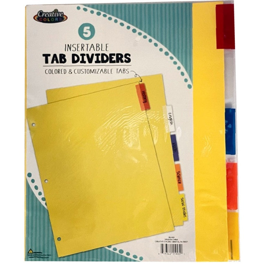 5 TAB BINDER DIVIDERS INSERTABLE COLOR TABS