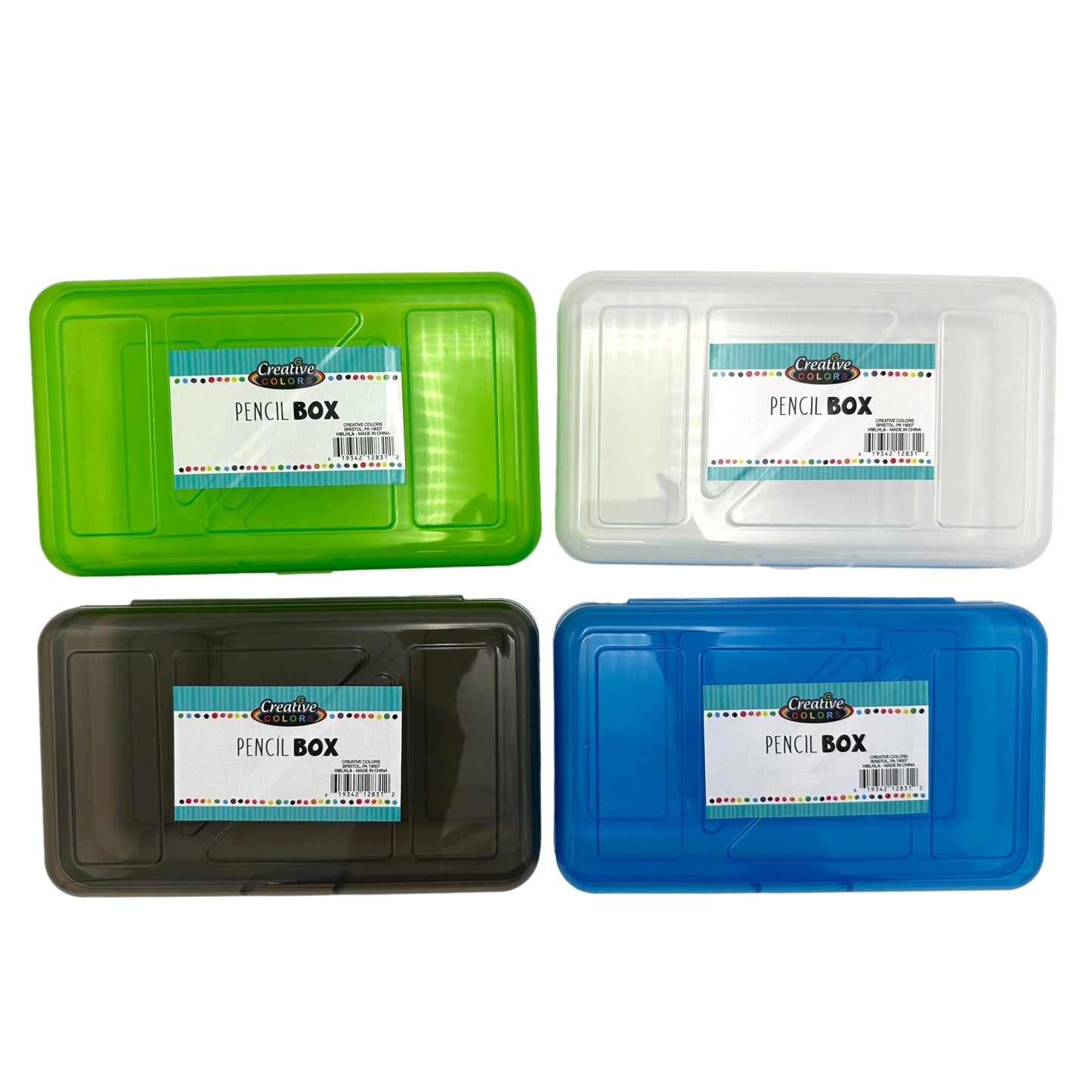 Four rectangular plastic pencil boxes in green, clear, black, and blue, each with a label reading "Creative Colors Pencil Box".