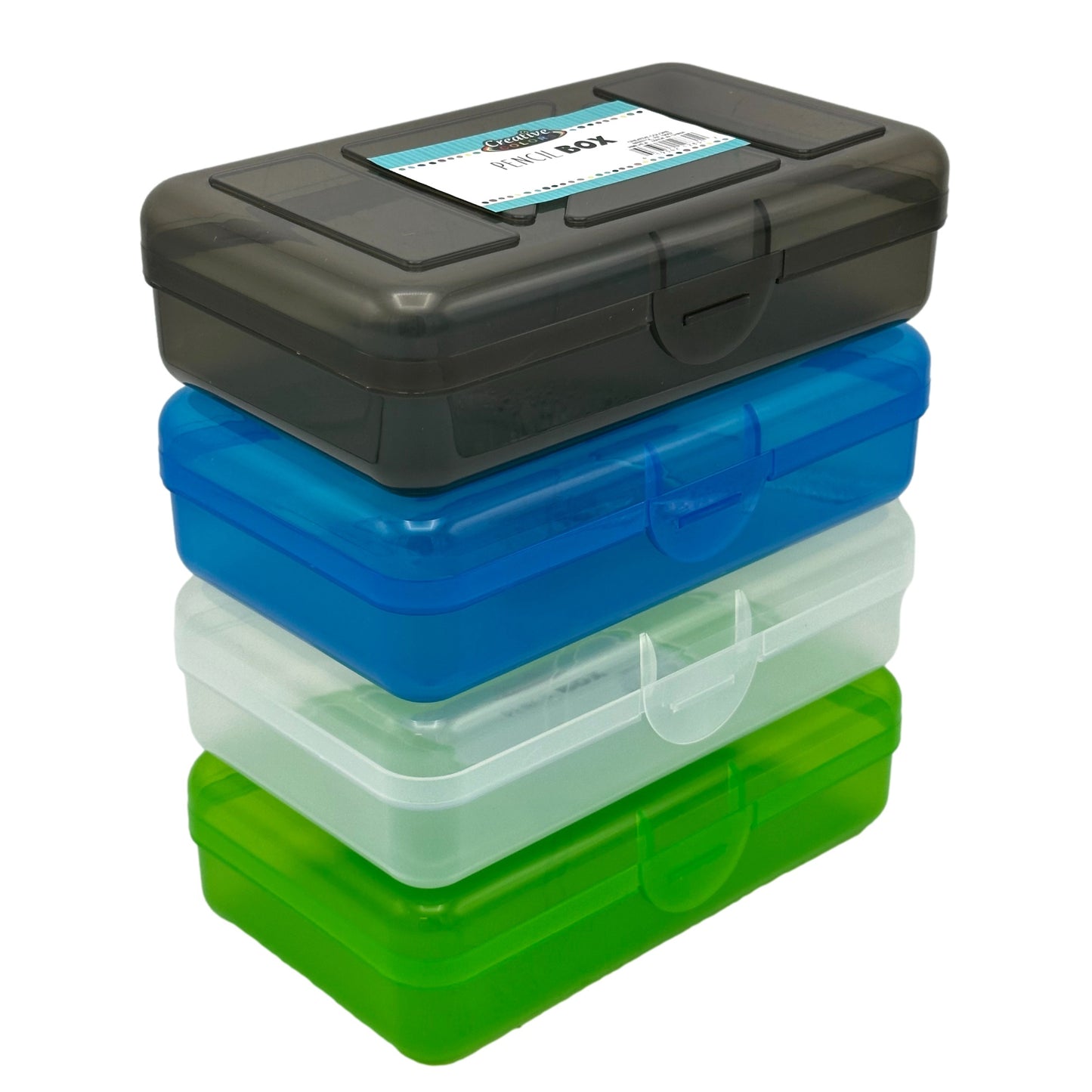 Stacked pencil boxes in black, blue, white, and green.