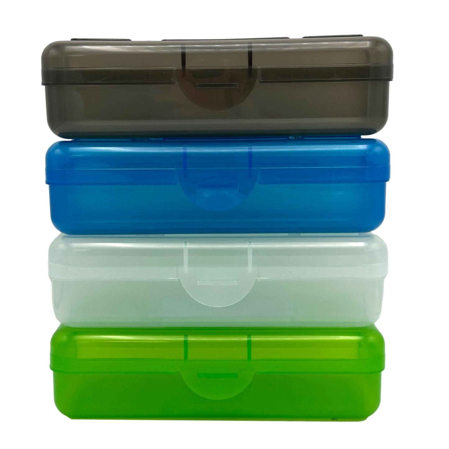 Stack of four translucent plastic boxes in shades of gray, blue, white, and green.
