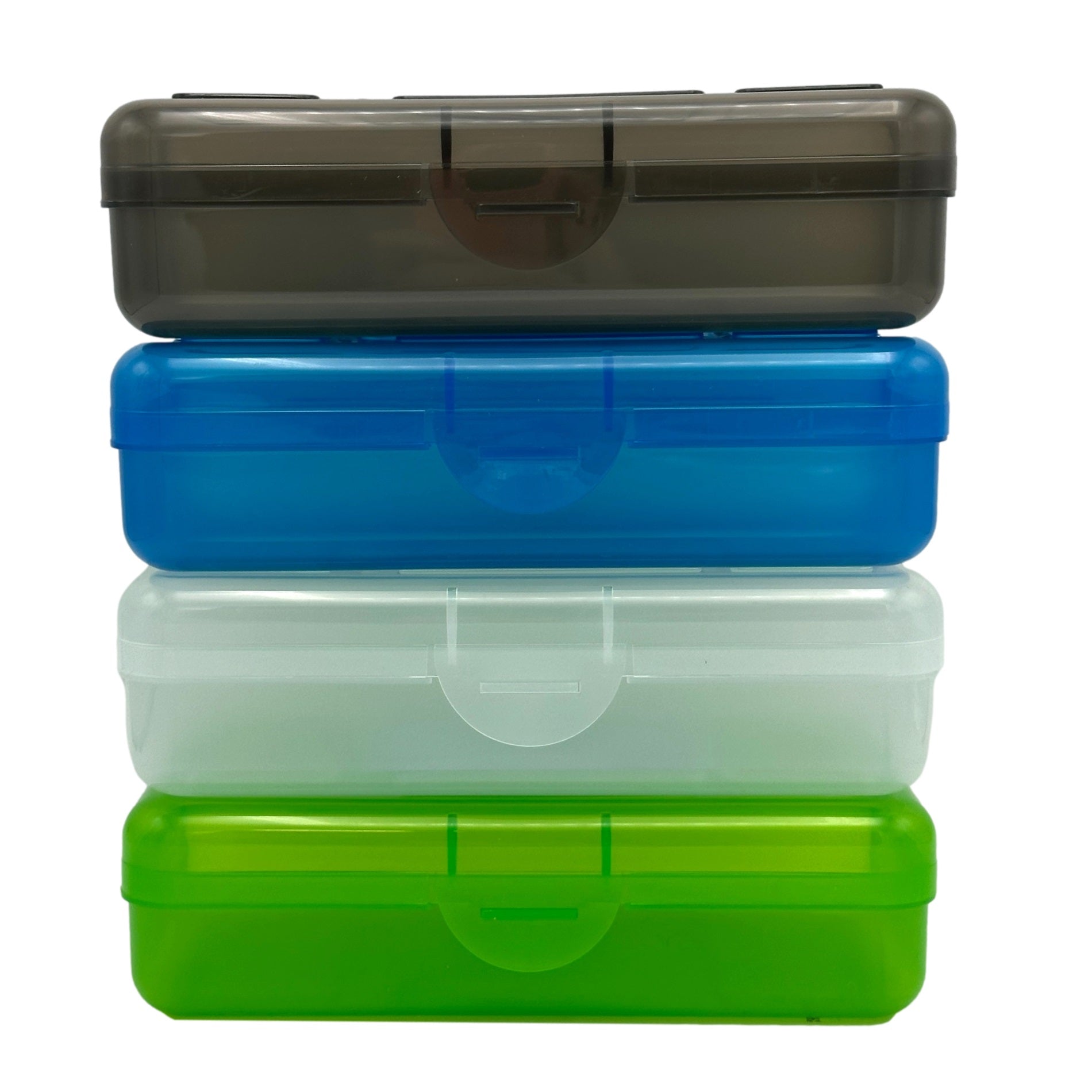Stack of four translucent plastic boxes in shades of gray, blue, white, and green.