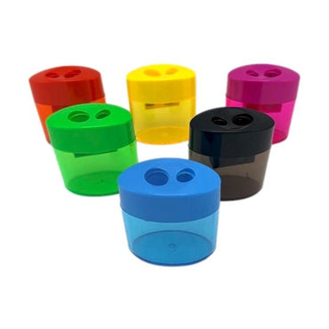 2 HOLE PENCIL SHARPENER WITH SHAVINGS CATCHER ASSORTED