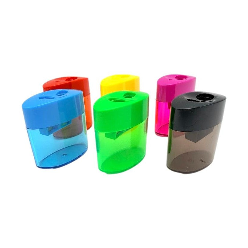 2 HOLE PENCIL SHARPENER WITH SHAVINGS CATCHER ASSORTED