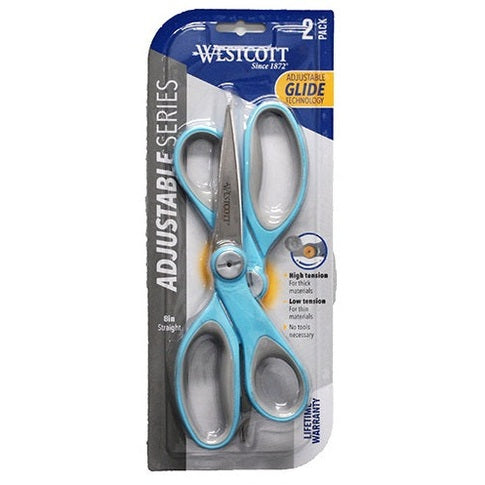 Pack of two light blue Westcott adjustable scissors.