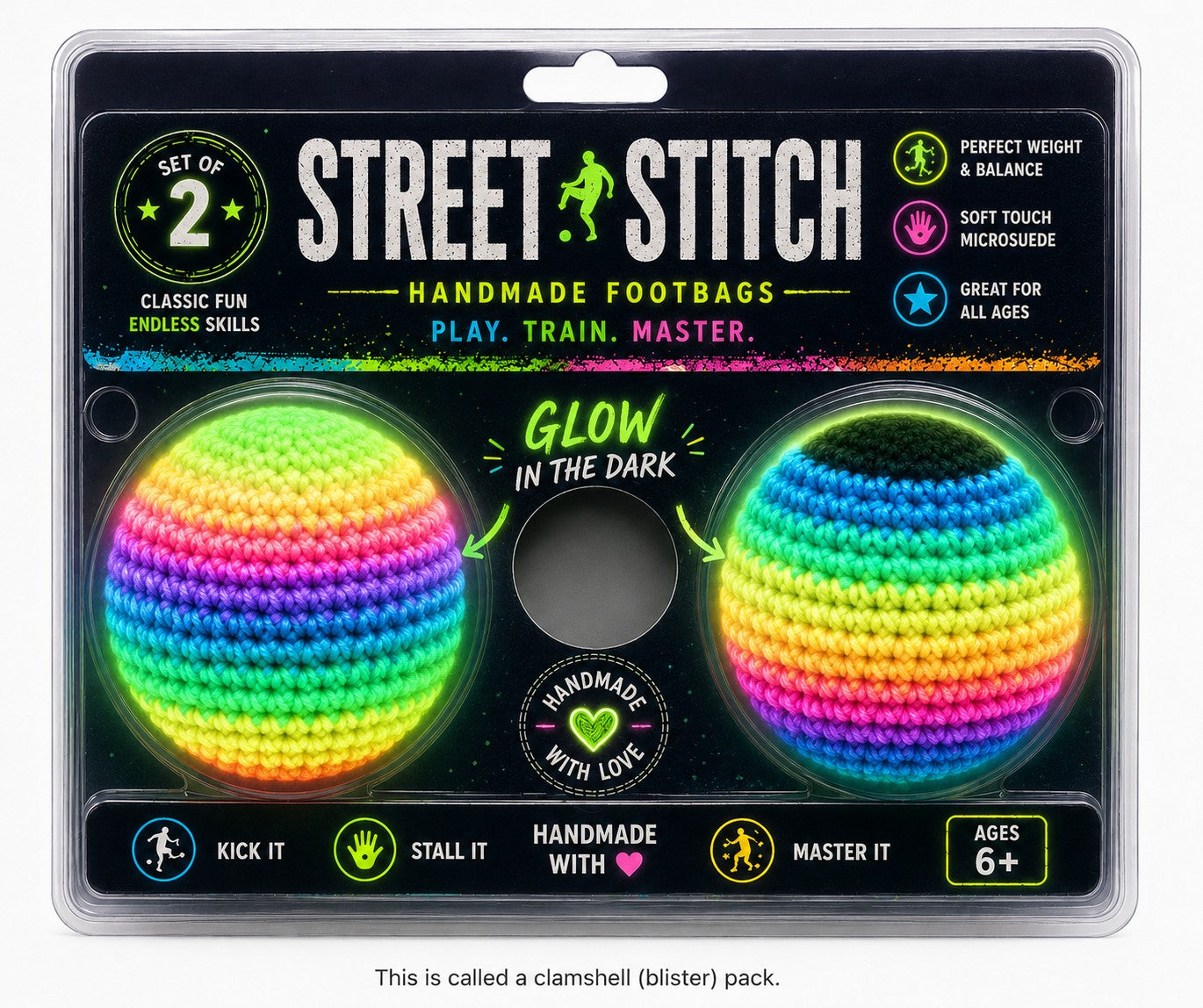 2 PC GLOW IN THE DARK FOOTBGAS