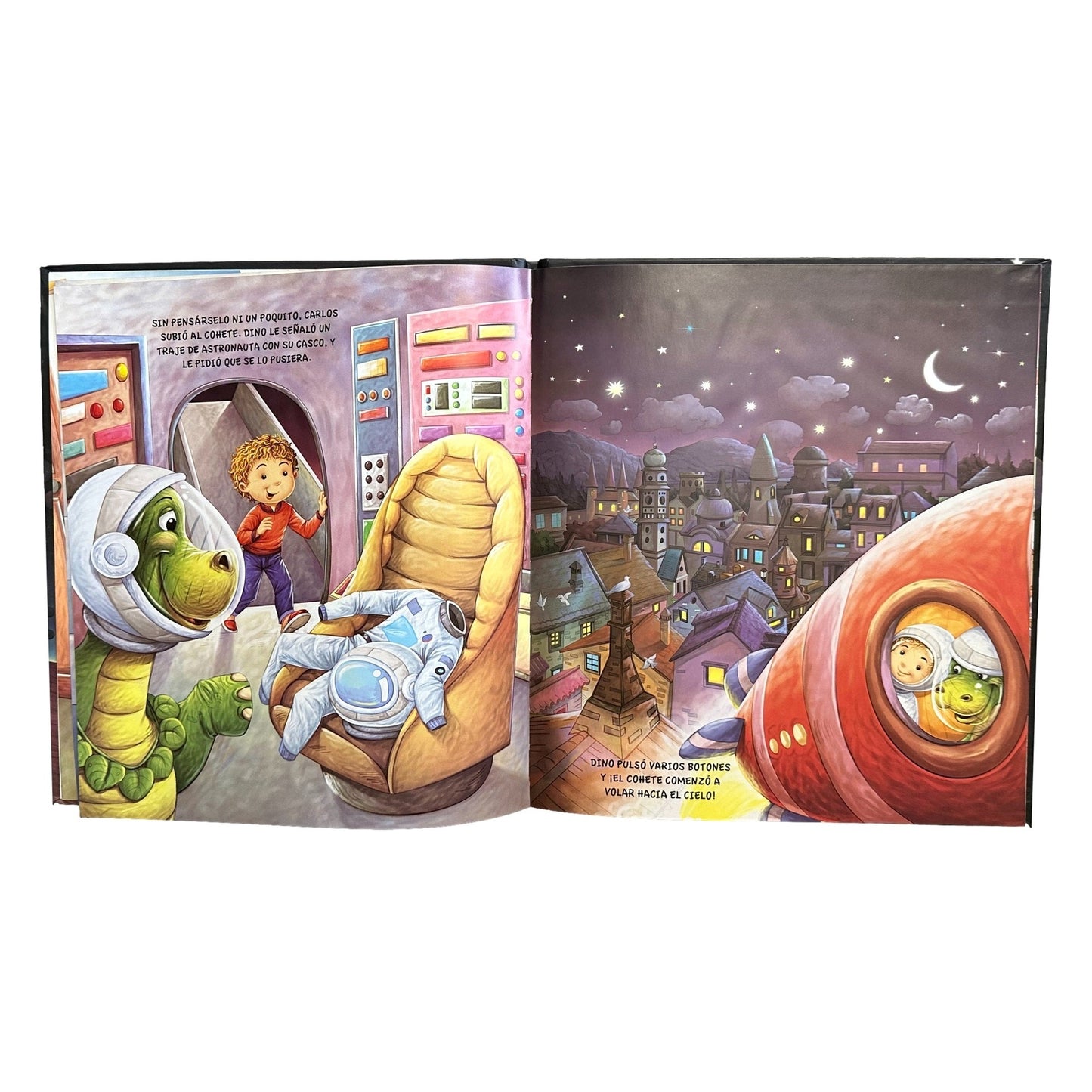 An open children's book with colorful illustrations of a dinosaur and a boy in space-themed scenes, complete with astronaut suits and a rocket.