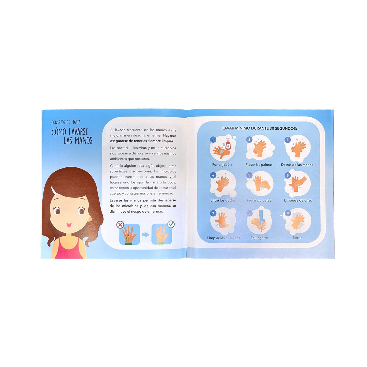An open, illustrated book with instructions on washing hands.