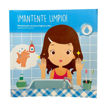 Close-up of a children's book cover in Spanish, showcasing hygiene, with a young girl and bathroom scene.