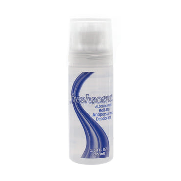 Roll-on deodorant in a clear bottle with a white cap.