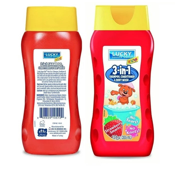 Two red and yellow bottles of Lucky Super Soft Kids 3-in-1 shampoo, conditioner, and body wash.