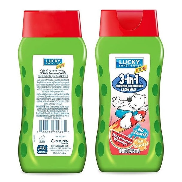 Two bottles of Lucky Super Soft Kids 3-in-1 Shampoo, Conditioner, and Body Wash, green with red tops and green dots.