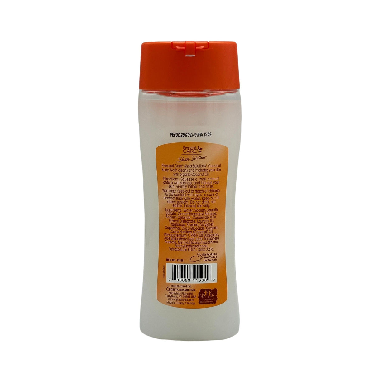 Personal Care Shea Solutions coconut body wash bottle.