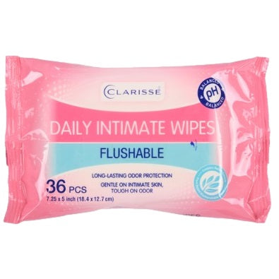 Pink packet of Clarisse Daily Intimate Wipes, flushable, with 36 pieces.