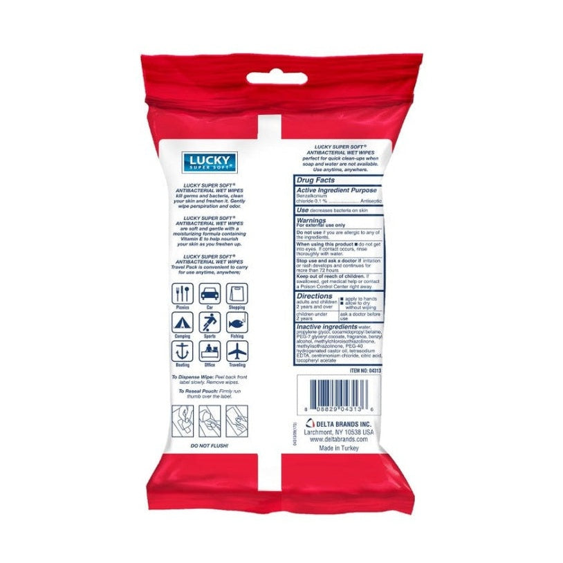 Red and white pack of antibacterial wet wipes.