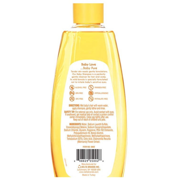 Back view of a yellow bottle of Baby Love shampoo.