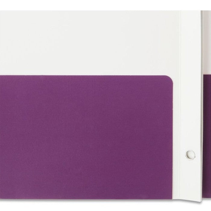 Close-up of a white and purple binder with a rounded corner pocket.