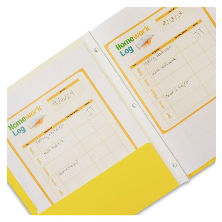 Homework log with school assignments listed by the day of the week.