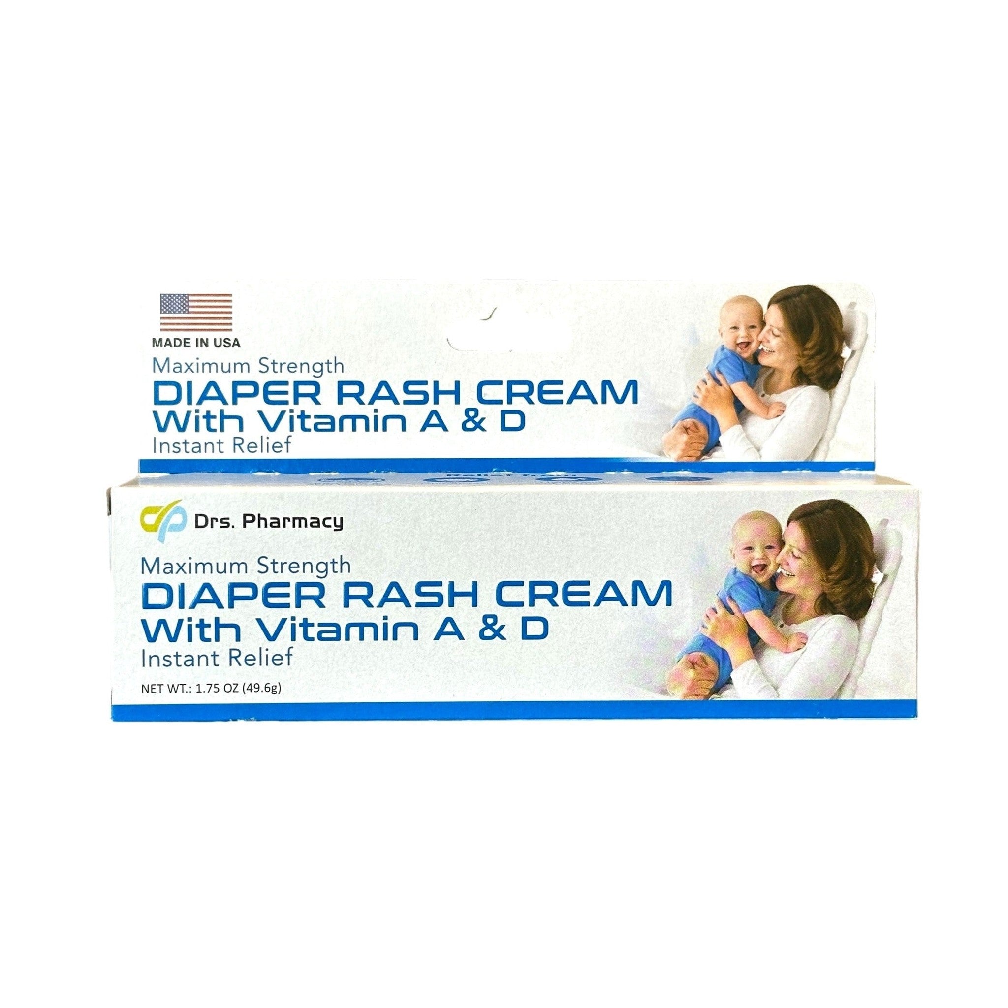 Two boxes of "Drs. Pharmacy Diaper Rash Cream" feature a mother and baby on the front. One box has a "Made in USA" emblem. The boxes are blue and white.